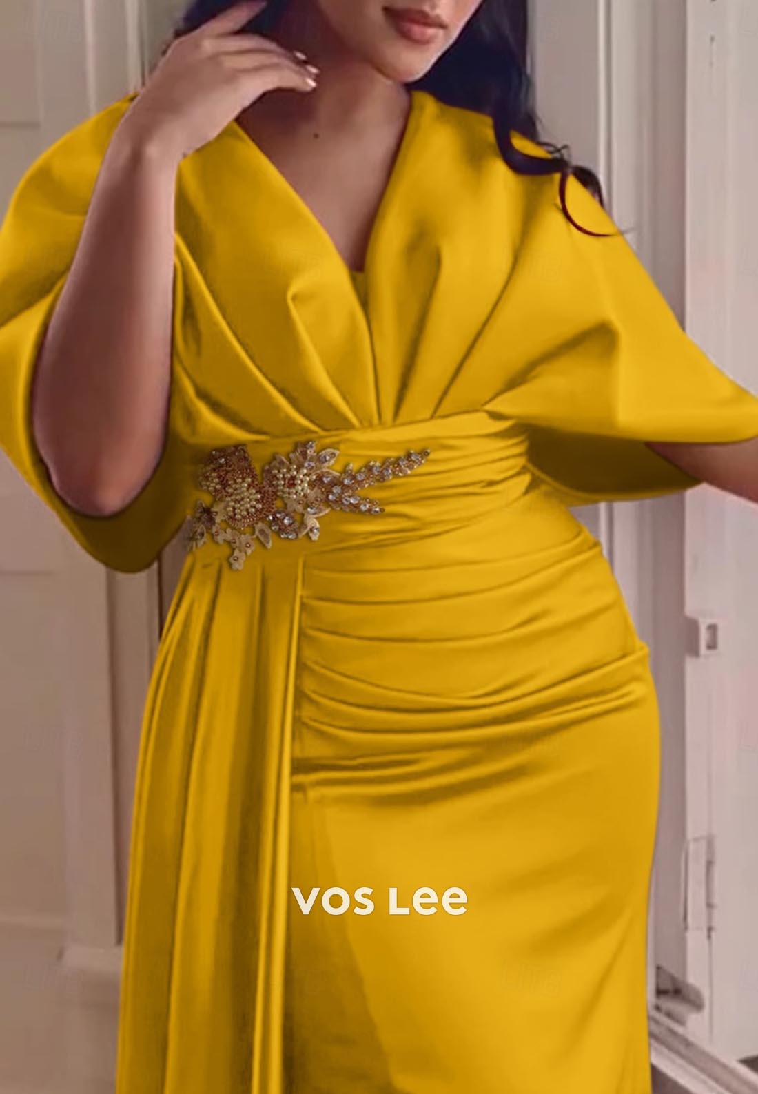 Glamorous & Dramatic Half Sleeves Mother of Groom Evening Dress with Split