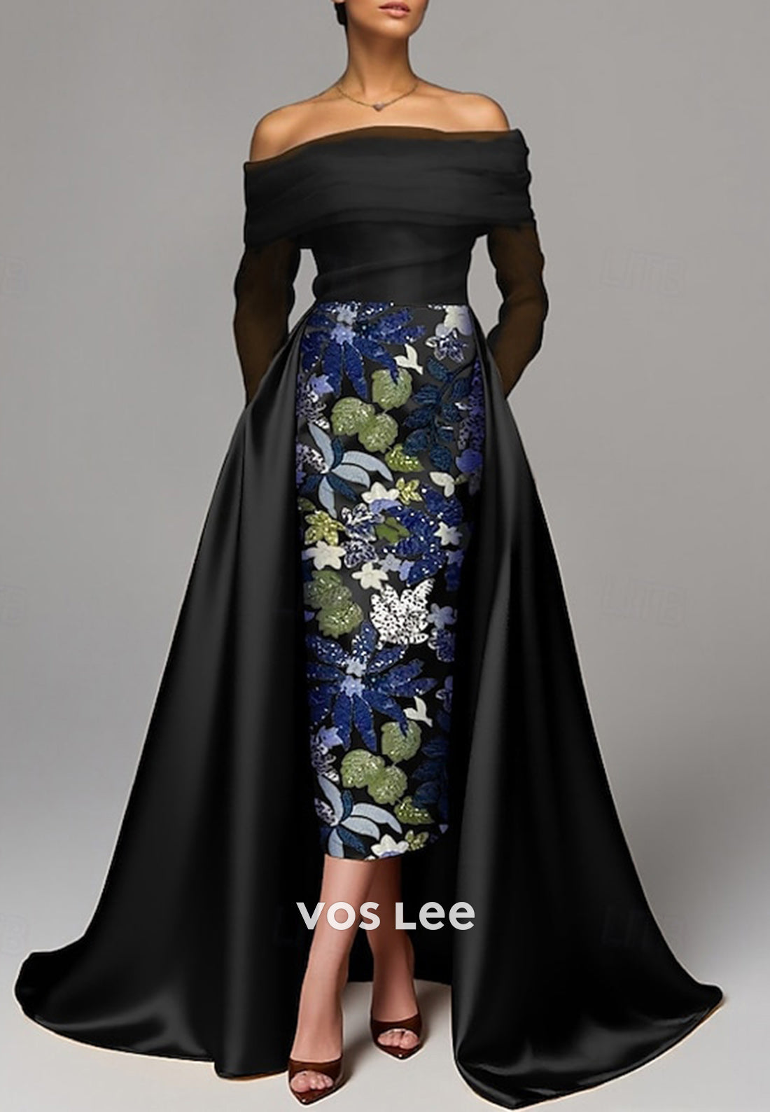 Long Sleeve Off the Shoulder Tulle Appliques Mermaid Evening Dresses