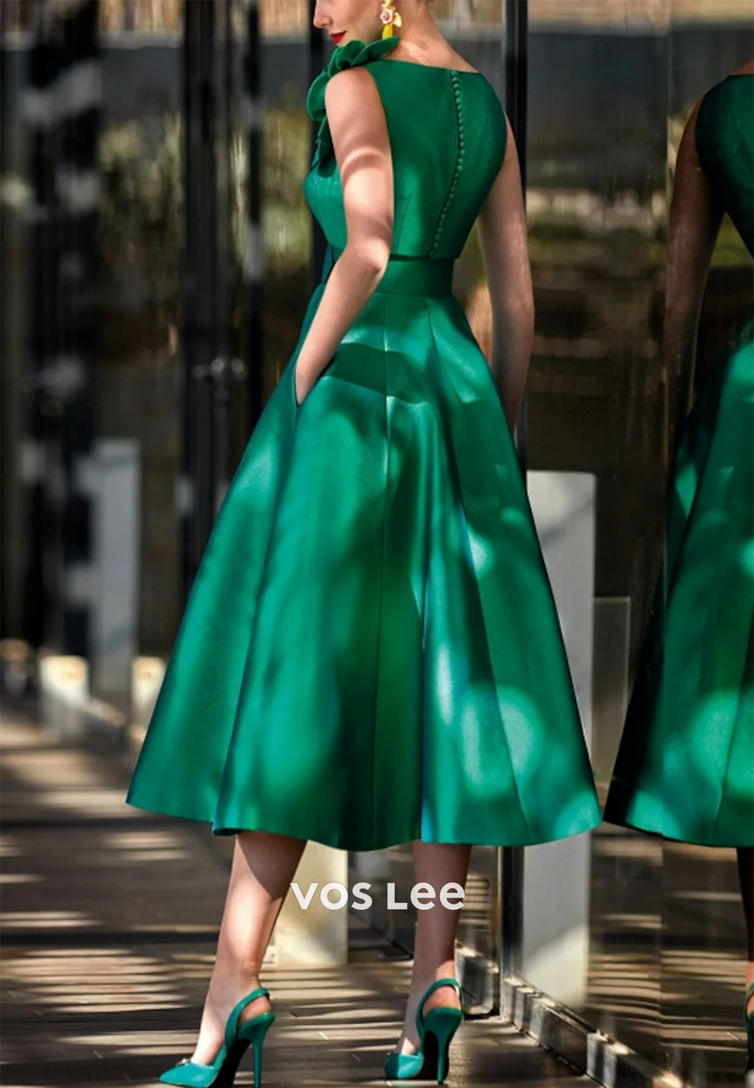A-Line V Neck Pleats Floral Embossed Evening Dress Midi Dresses