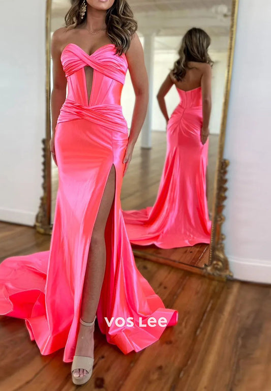 Sexy  Strapless Ruched Sweetheart Side Split Mermaid Prom Dresses with Sweep Train