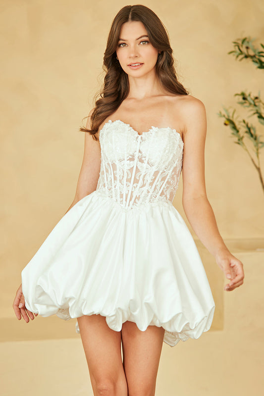 Embroidered Applique Short Strapless Wedding Dress With an A-line Bubble Skirt