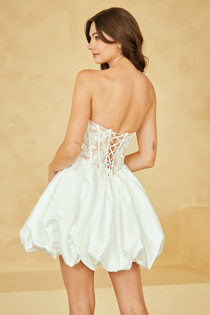 Embroidered Applique Short Strapless Wedding Dress With an A-line Bubble Skirt