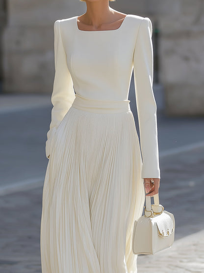 Ivory Long-Sleeve Dress With Pleated Midi Skirt