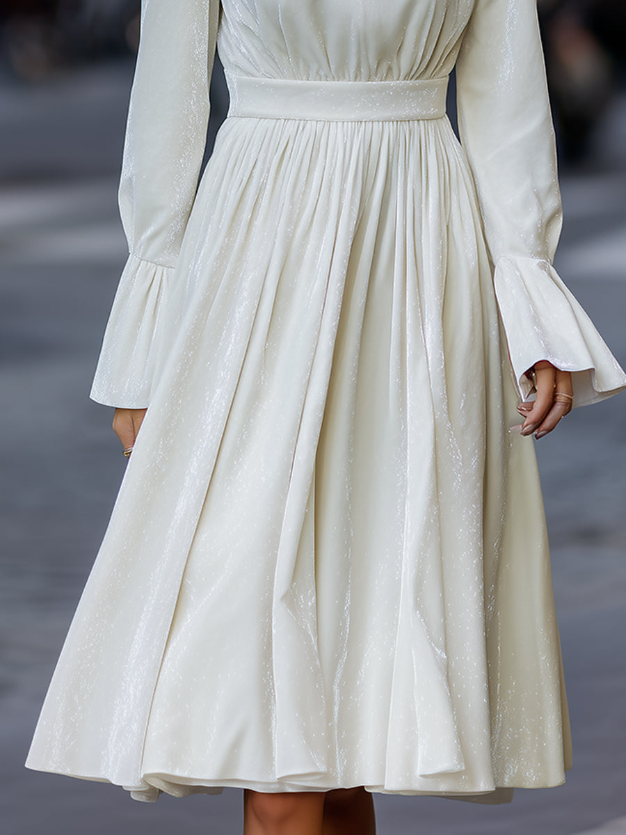 Ivory Ruffled High-Neck Midi Dress