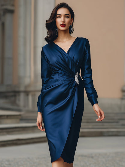 Elegant Satin Draped Wrap Dress With Leaf Brooch Detail