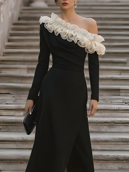 Asymmetric Ruffled Off-Shoulder Midi Dress