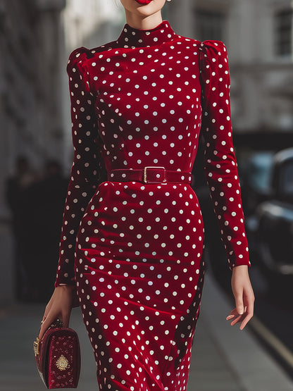 Vintage-Inspired Red Polka Dot Velvet Midi Dress