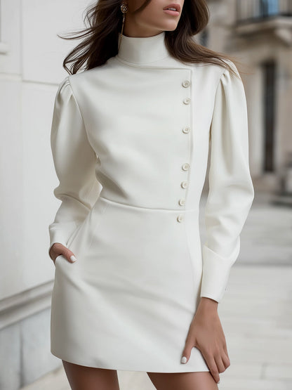 High-Neck Asymmetric Buttoned Mini Dress