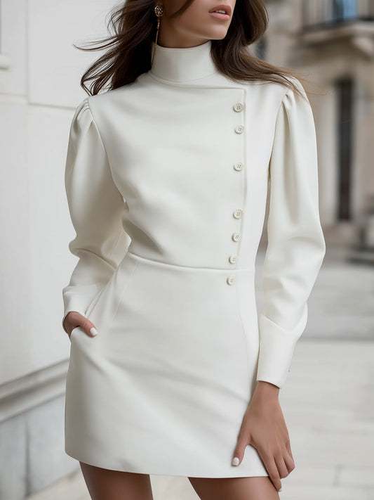 High-Neck Asymmetric Buttoned Mini Dress
