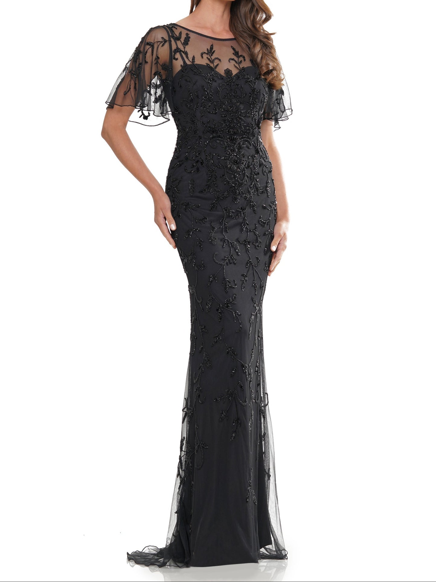 Flutter Sleeves Illusion Neck Appliques Mermaid Mother of Bride Dresses