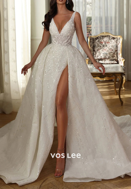 A-Line V Neck Sequins Beaded Embellished Wedding Dresses with High Split