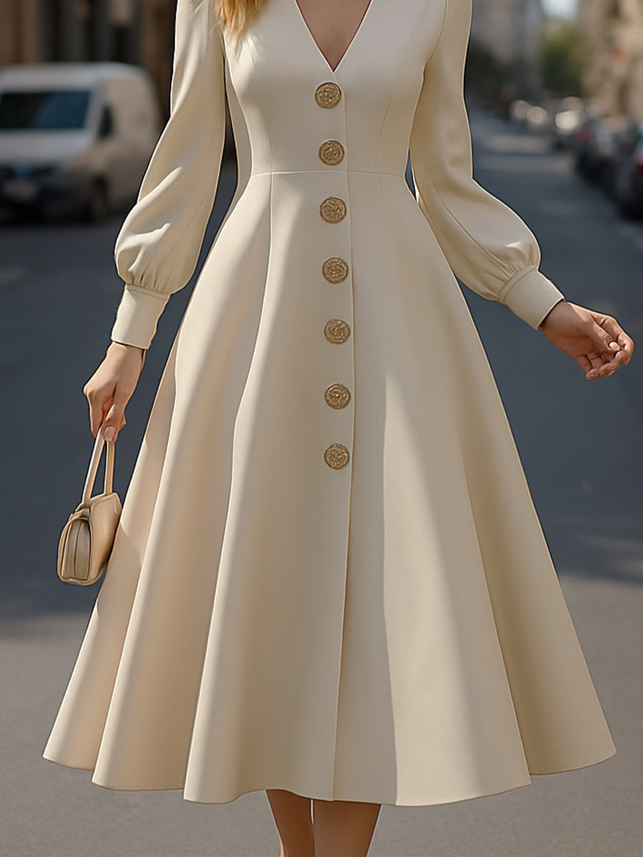 Elegant V-Neck Long Sleeve A-Line Midi Dress