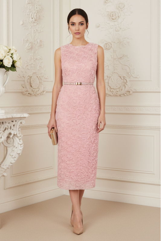 Scoop-Neck Sleeveless 3D-Floral Pleated Tea-Length Mermaid Wedding Guest Dress