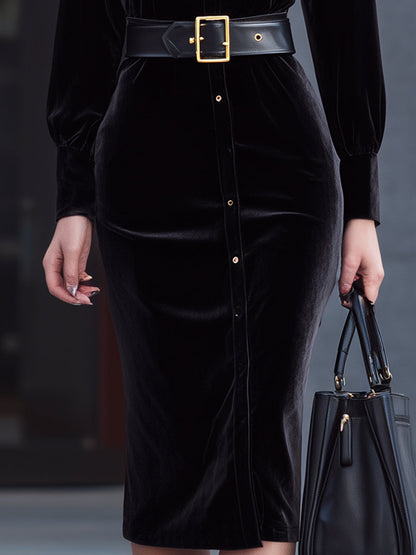 Noir Elegance Velvet Belted Midi Dress