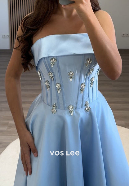 Beaded Crystal Strapless A-Line Satin Homecoming Evening Prom Dress Ball Gown