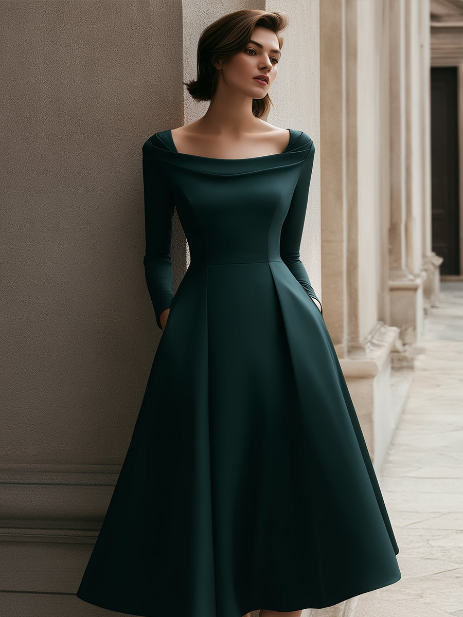 Off-Shoulder Pleated Forest Green Midi Dress