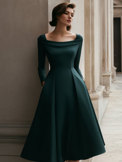 Off-Shoulder Pleated Forest Green Midi Dress
