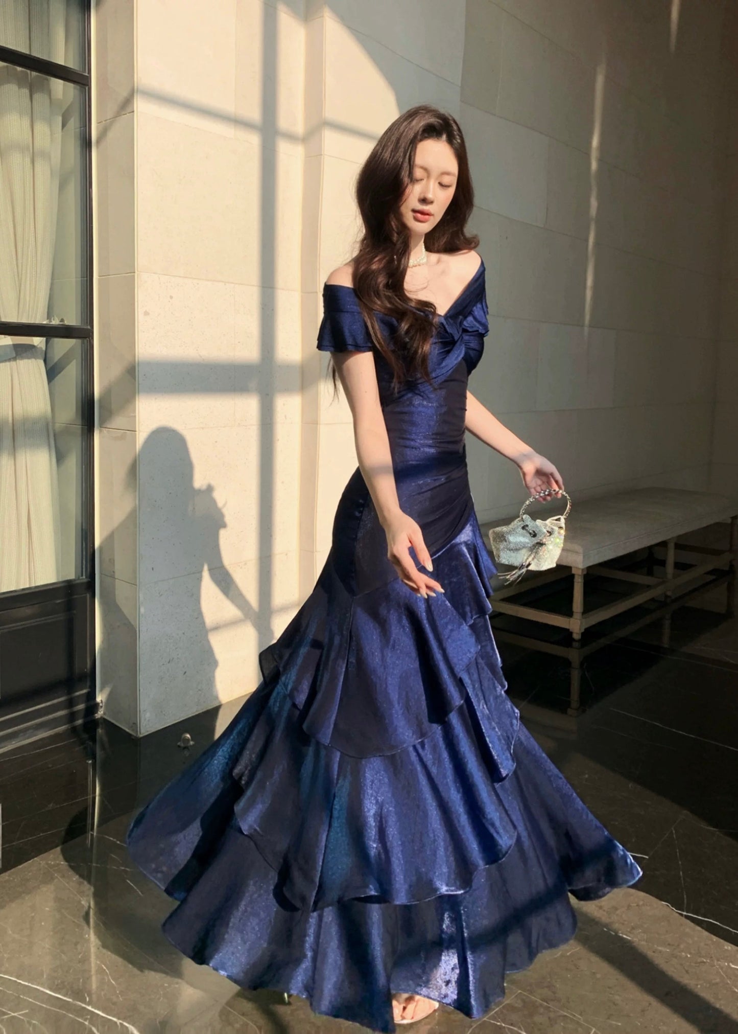 Luxury Navy Blue Ruffled Mermaid Dress – Perfect for Wedding & Gala