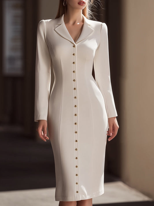 Elegant Button-Up Tailored Lapel Midi Dress