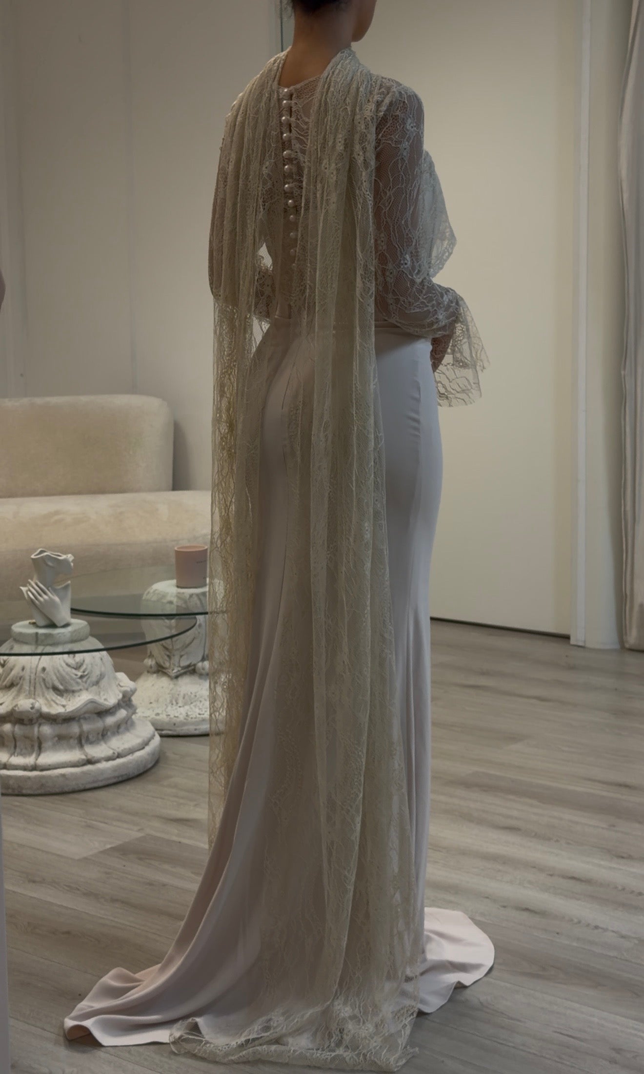 Elegant Satin Mermaid Formal Dress | Detachable Lace Cape & Long Sleeves