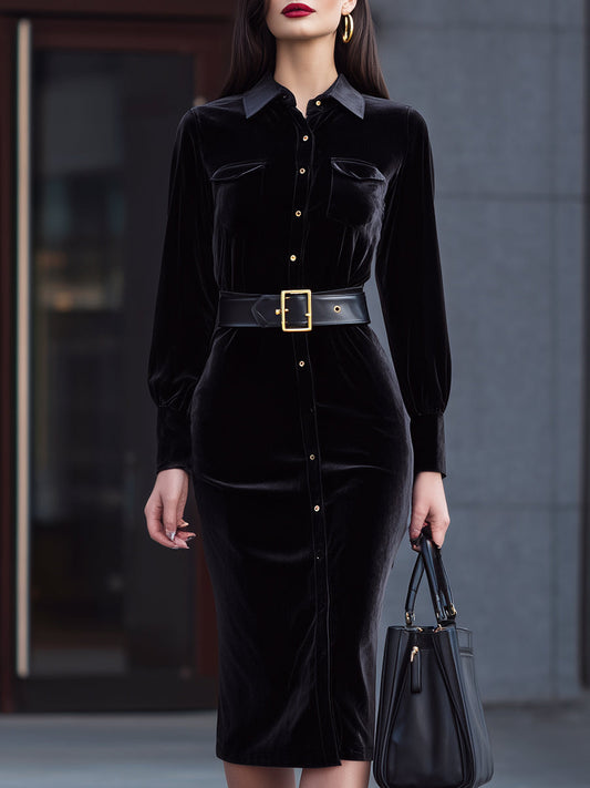 Noir Elegance Velvet Belted Midi Dress