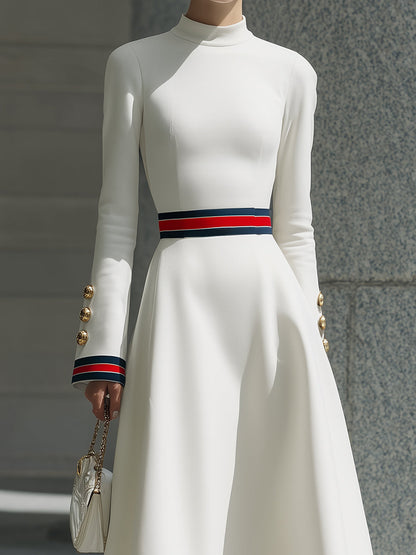 White Long-Sleeve A-Line Dress With Stripe Detail