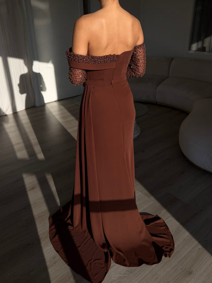 Brown Off Shoulder Long Sleeve Beaded Ruched Mermaid Evening Gown