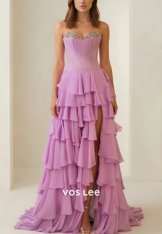 Beading Sweetheart Chiffon Ruffled A Line Formal Prom Dresses With Split
