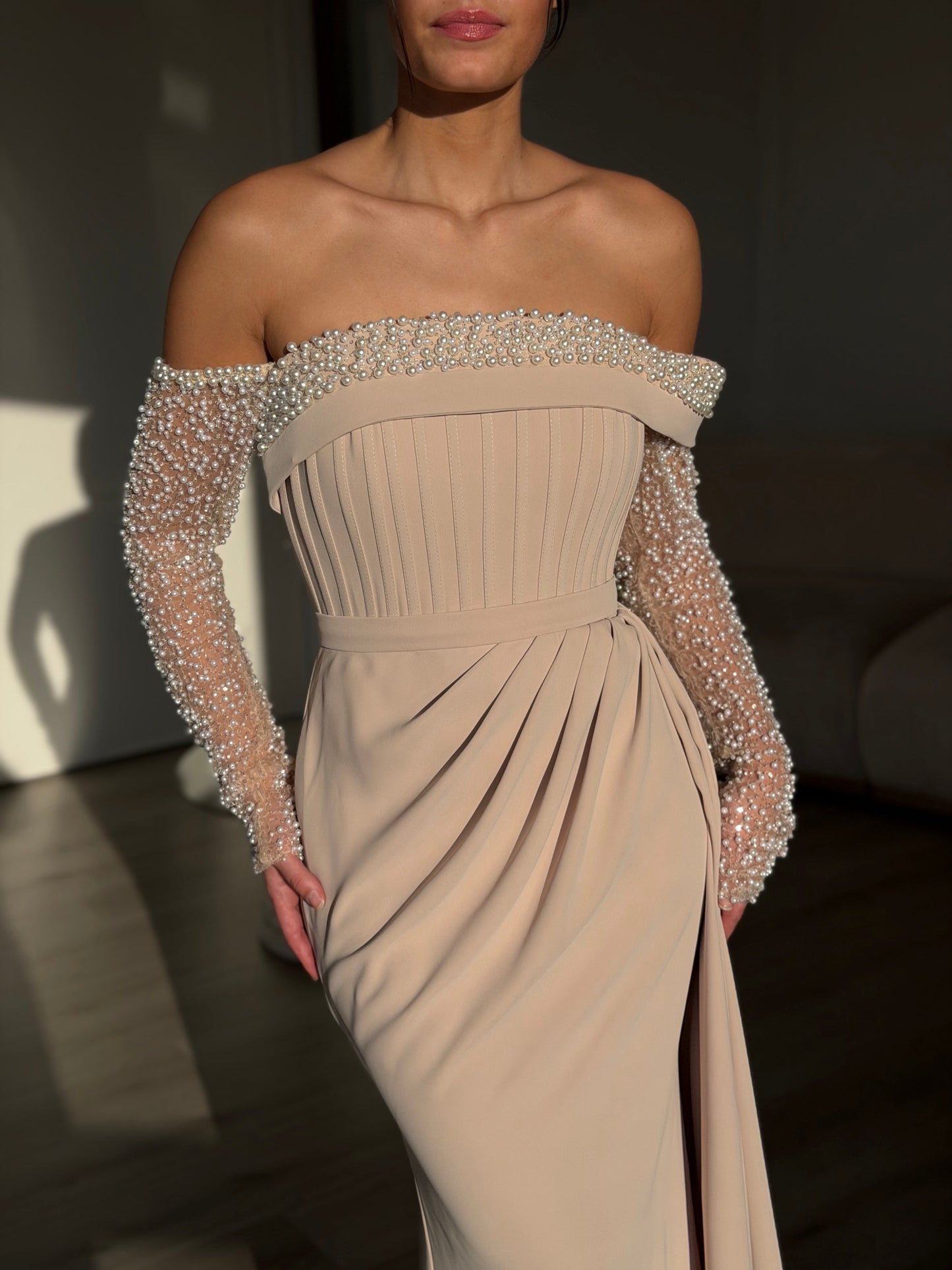 Brown Off Shoulder Long Sleeve Beaded Ruched Mermaid Evening Gown
