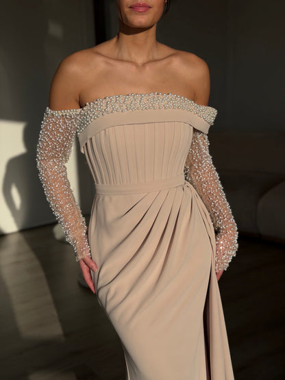Brown Off Shoulder Long Sleeve Beaded Ruched Mermaid Evening Gown