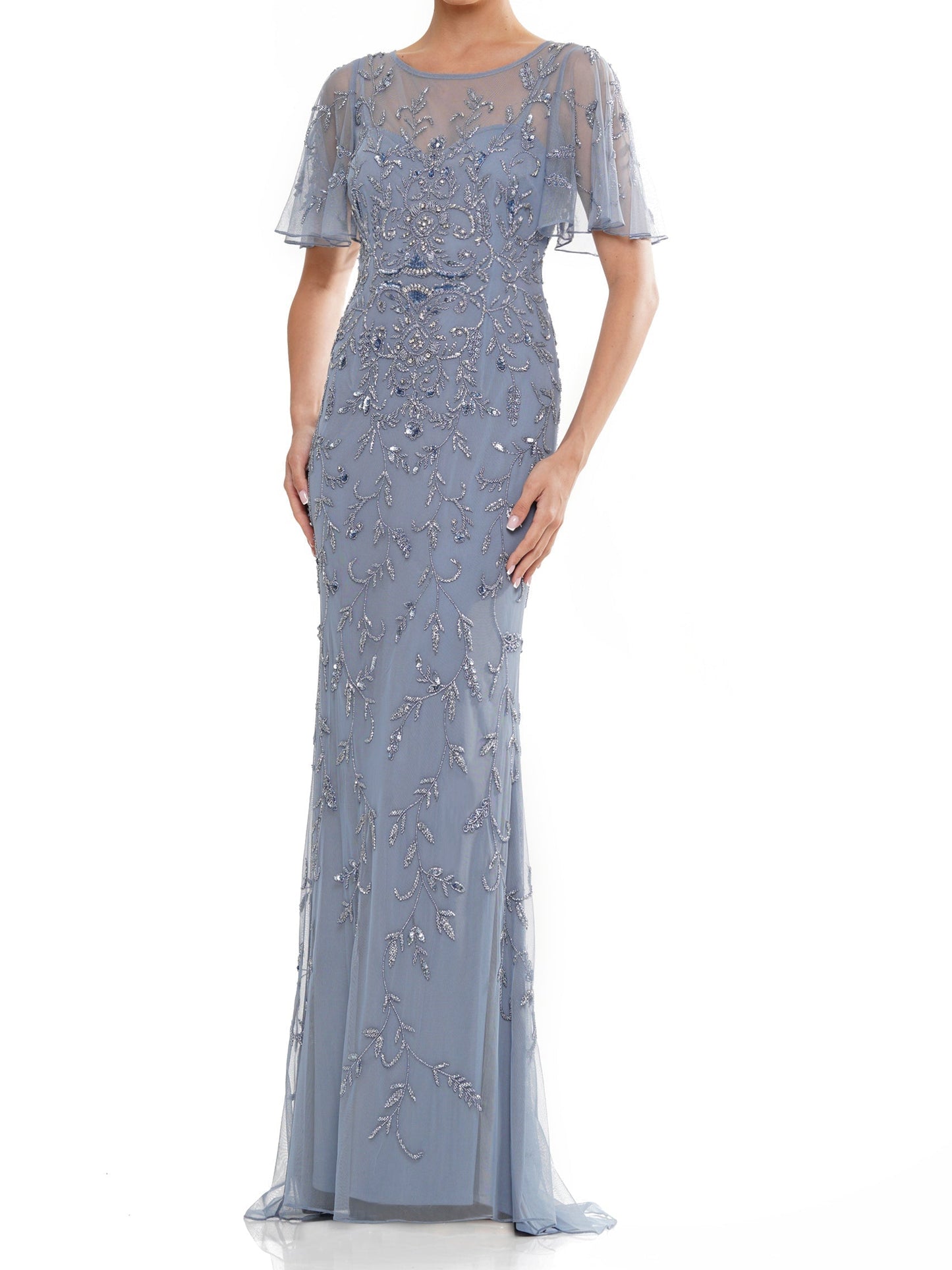 Flutter Sleeves Illusion Neck Appliques Mermaid Mother of Bride Dresses