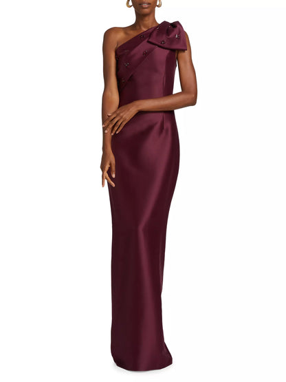 Simple and Sleek One Shoulder Bowknot  Beading Floor-Length Sheath Evening Dresses