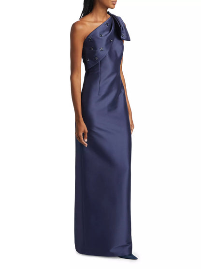 Simple and Sleek One Shoulder Bowknot  Beading Floor-Length Sheath Evening Dresses