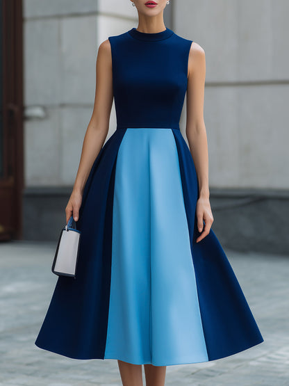 Navy & Light Blue Colorblock Sleeveless High Neck Fit-and-Flare
