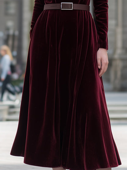 Burgundy Velvet Midi Dress With Square Neckline