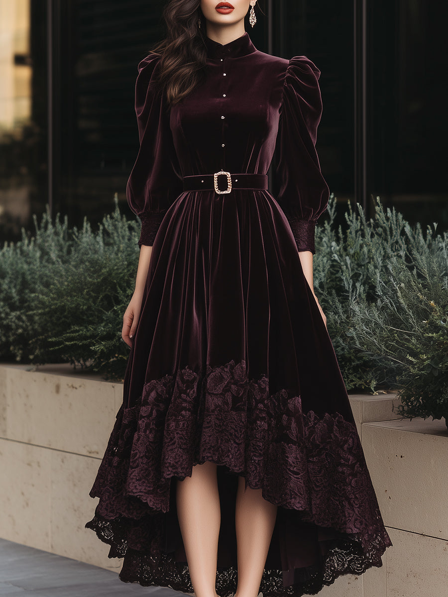 Luxurious Burgundy Velvet Belted Dress With Lace Trim