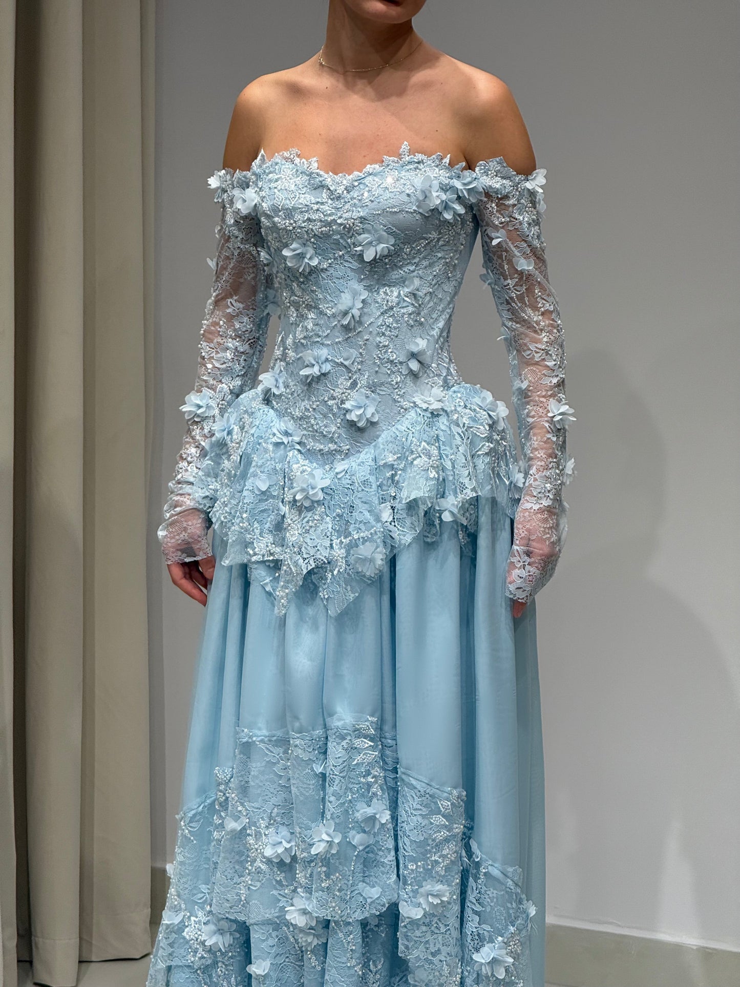 Off Shoulder Blue Floral Applique Prom Dress Long Sleeve A-Line Evening Gown