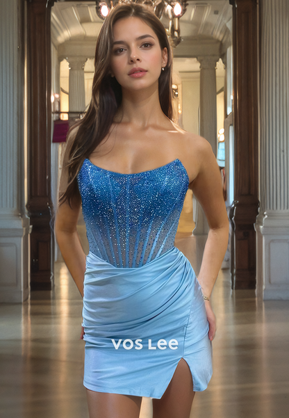 Sweetheart Sheath&Column Strapless Shiny Beaded Top Short Party Homecoming Dress