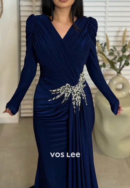 Gorgeous Long Sleevees V Neck Rhinestone Pleated Mermaid Evening Dresses