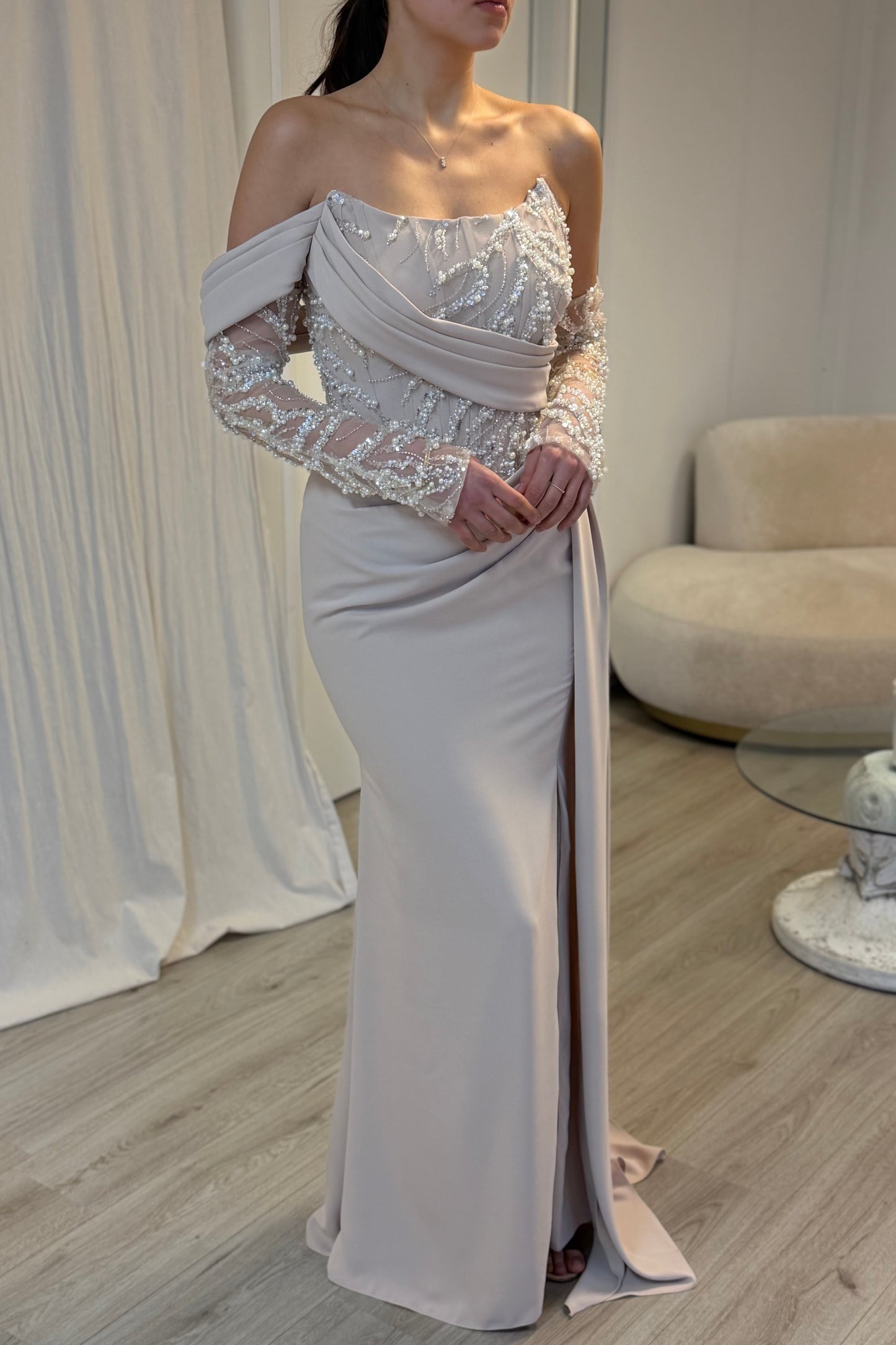 Elegant Off Shoulder Long Sleeve Lace Mermaid Gown with Side Slit