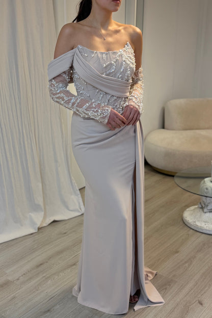 Elegant Off Shoulder Long Sleeve Lace Mermaid Gown with Side Slit