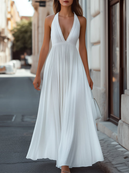 Grecian-Inspired Pleated Halter Maxi Dress Wedding Guest Dresses