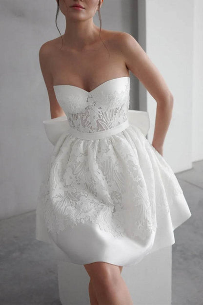 Strapless Lace Applique Short Wedding Dress with Oversized Bow Back