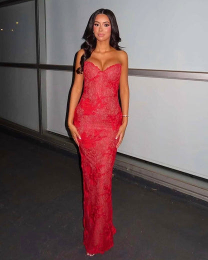 Sexy Strapless Lace Maxi Dress – Floor-Length Red Corset Prom Gown