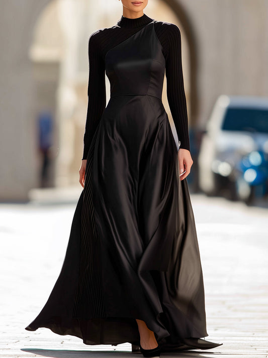 Black Knit & Satin Panel Gown