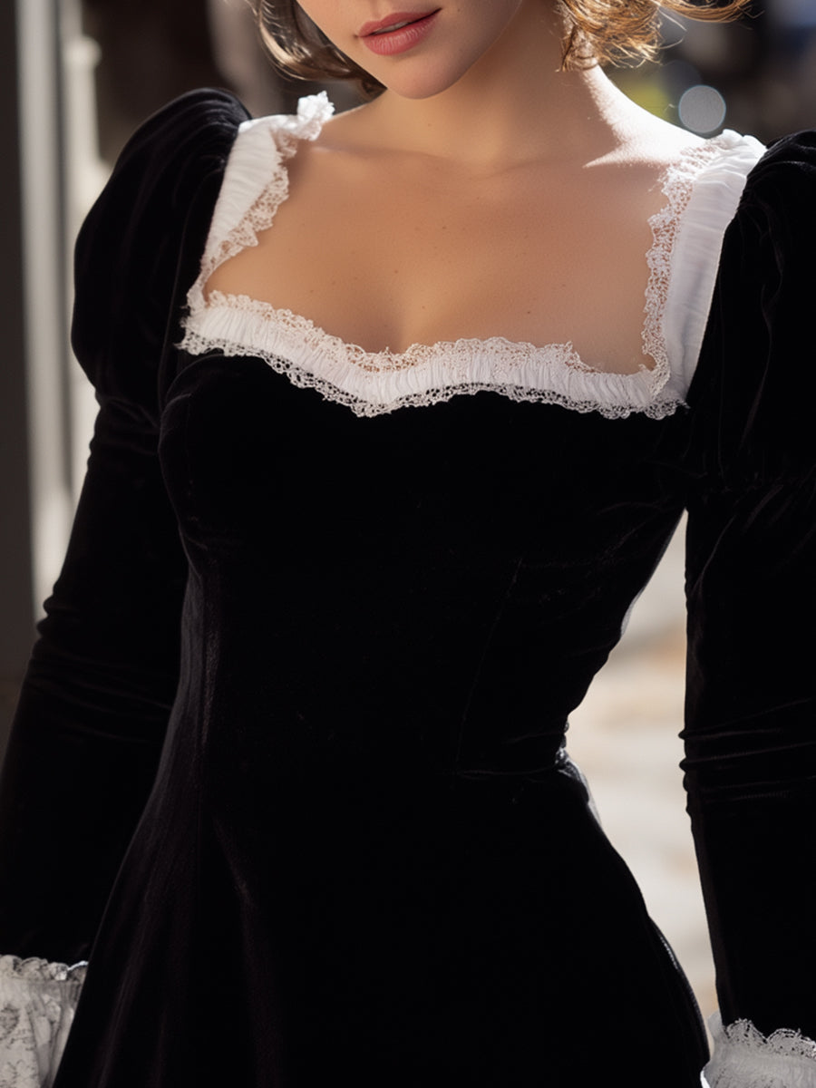 Vintage Elegance: Black Velvet Mini Dress With Lace Trims