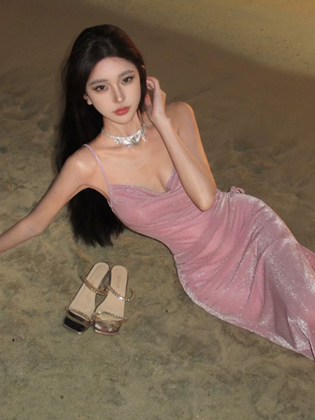 Modest Mermaid Spaghetti Strap Pink Sequin Slit High Evening Dresses