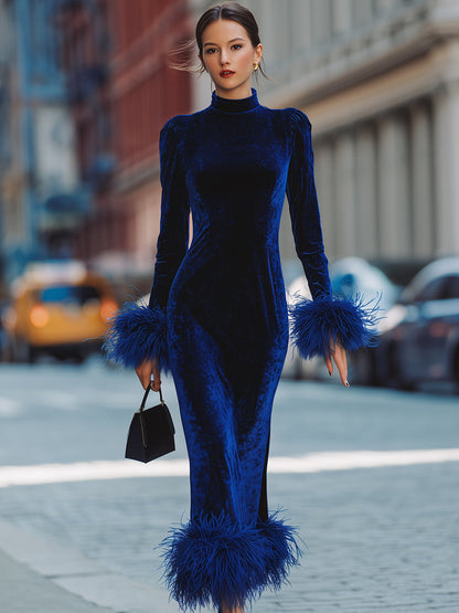 Glamorous Royal Blue Velvet Dress With Feather Trims