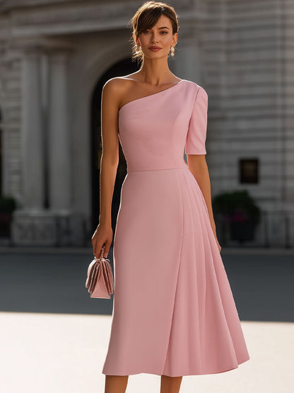 Blush Pink One-Shoulder Midi Dress