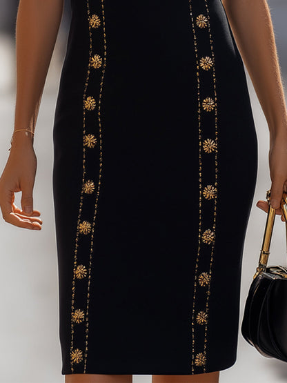 Stylish Sleeveless Sheath Dress With Gold Embellishments